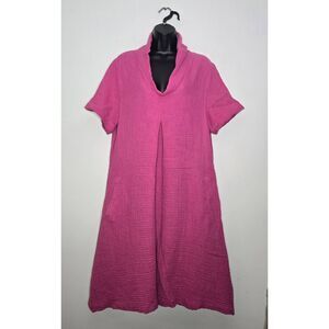 Kozan Harley Dress Women's Size Medium Pink Gauzy Lagenlook V-Neck Short Sleeve